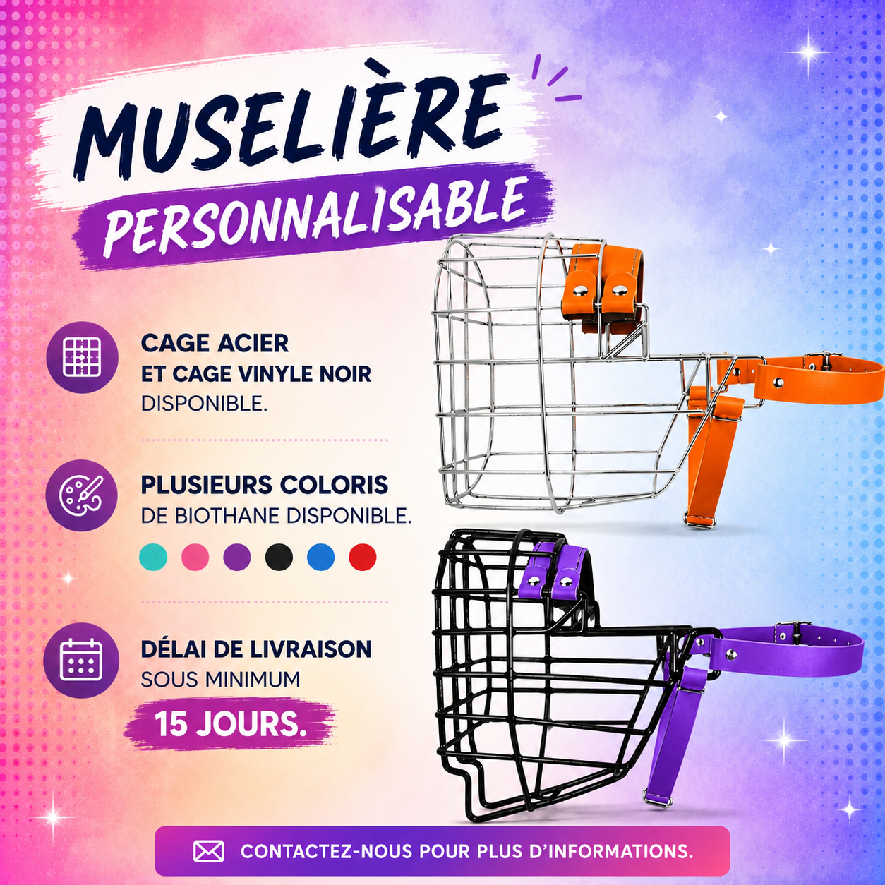 Muselière CHOPO – Cage acier ou vinyle noir et Biothane colorée